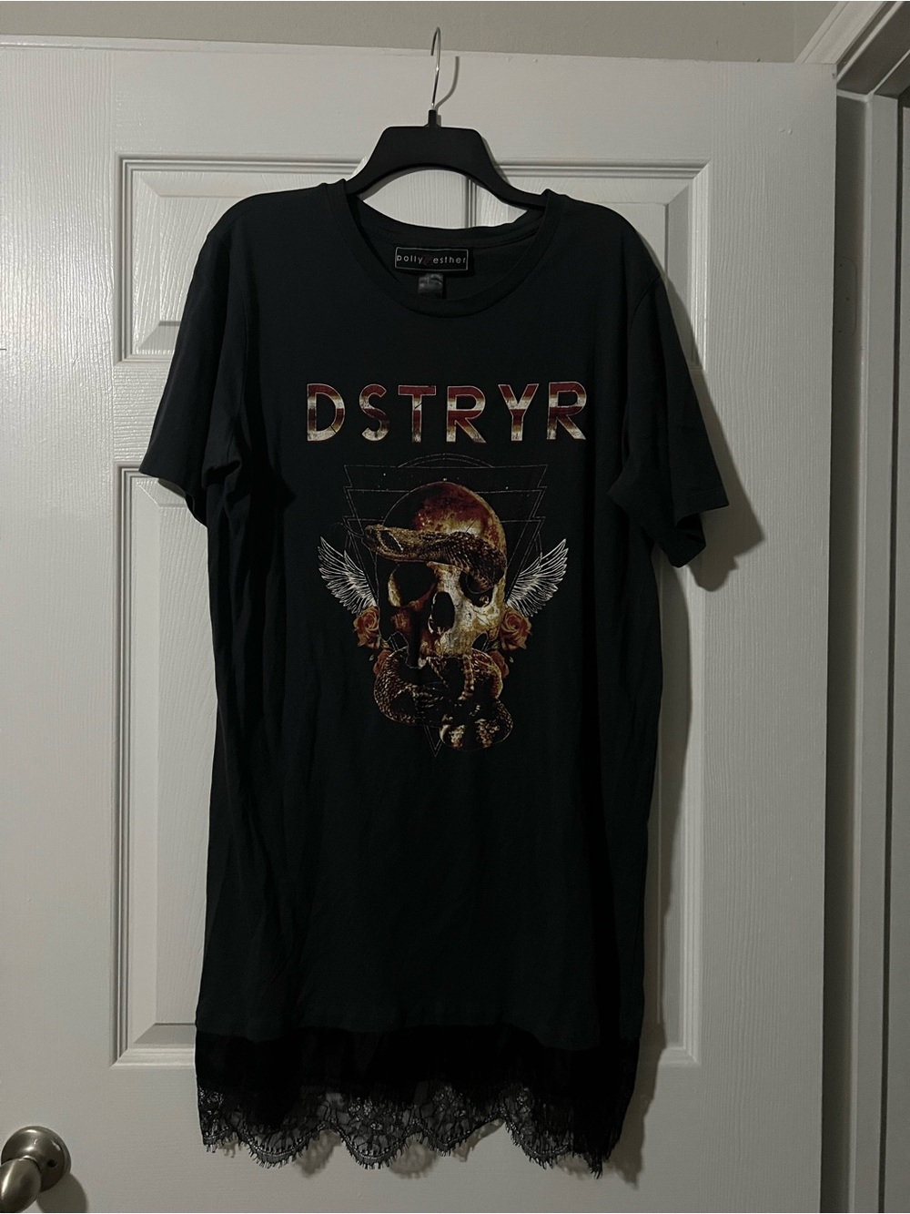 DSTRYR Black Graphic Skull Tee Dress with Lace Hem - Polly & Esther